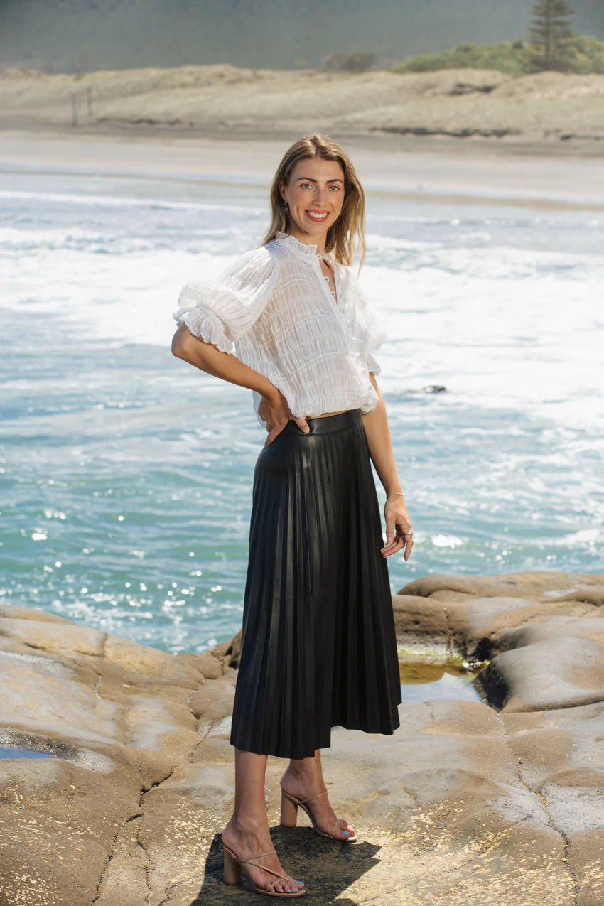 Newly arrived Harley Black Faux Leather Pleated Midi Skirt