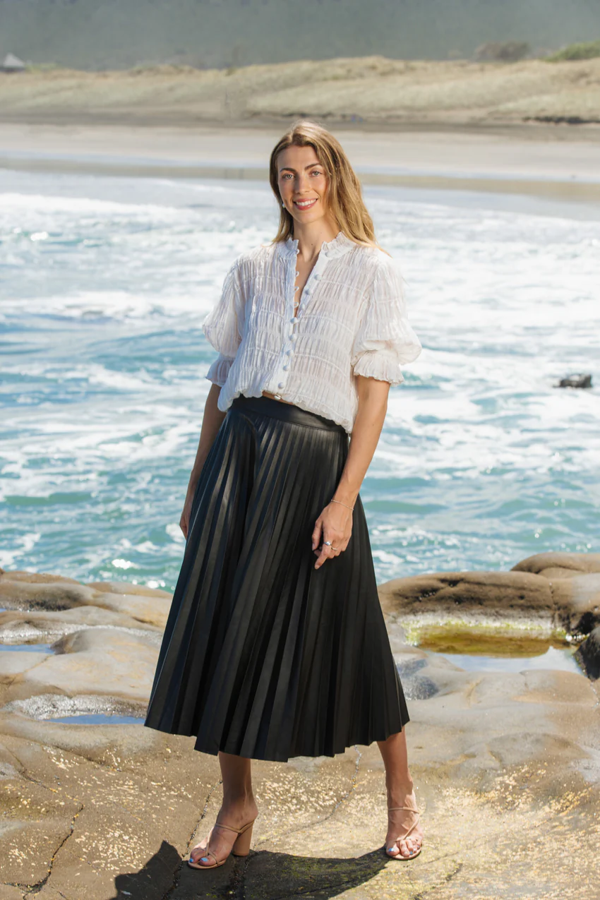 Newly arrived Harley Black Faux Leather Pleated Midi Skirt