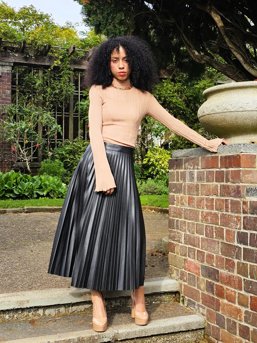 Newly arrived Harley Black Faux Leather Pleated Midi Skirt